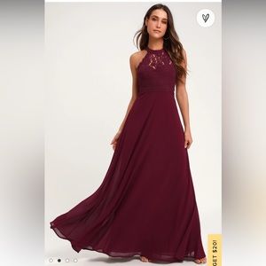 Lulu’s “Dance All Evening” burgundy lace maxi dress size XS
